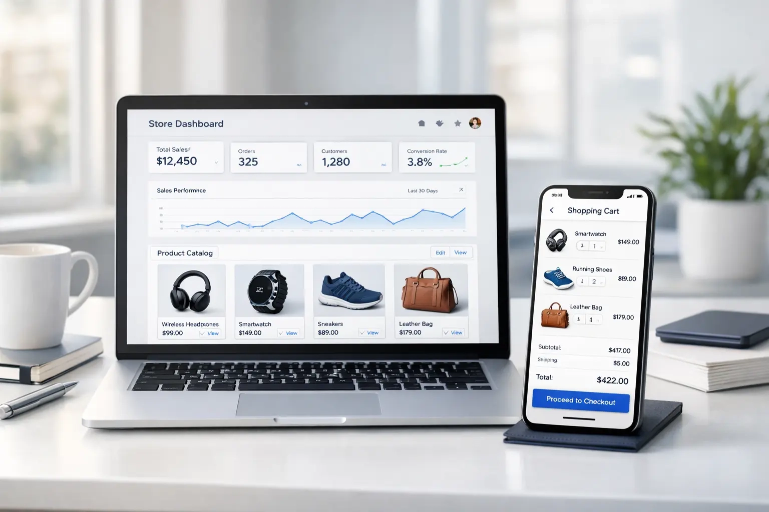 Interfaz De Una Tienda Virtual Mostrando Catálogo De Productos, Carrito De Compras Y Proceso De Pago Online En Una Laptop Y Un Smartphone